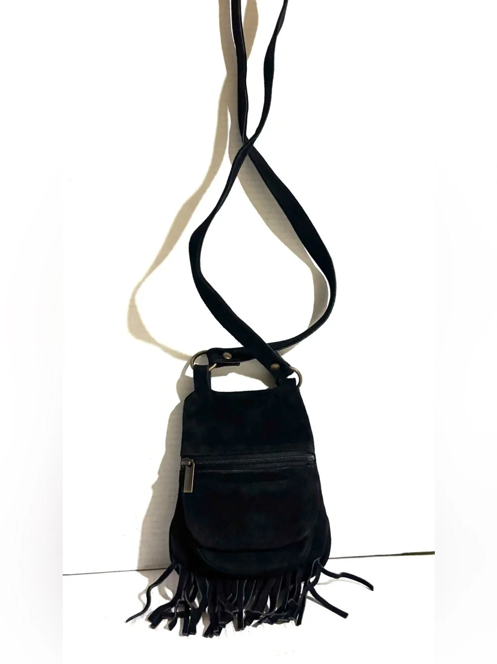 Vintage Black Suede Fringe Crossbody Bag